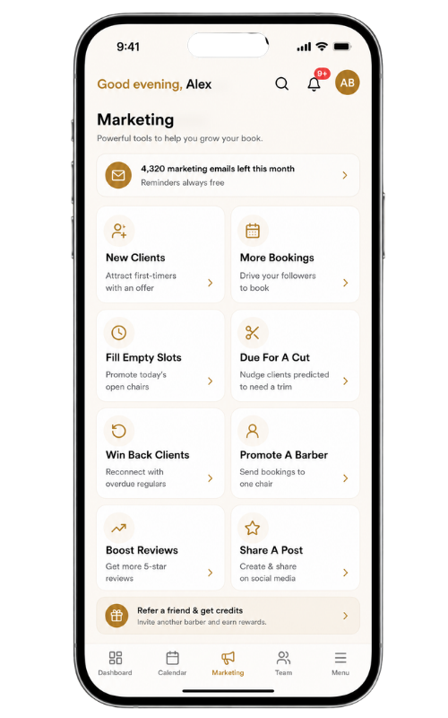 Encorra's marketing hub — one tap to run a campaign