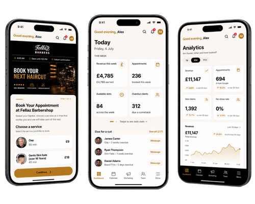 Encorra on three phones — your booking page, dashboard and analytics